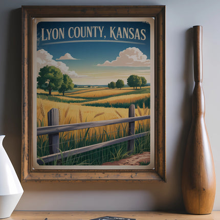 Vintage travel poster for Lyon County, Kansas, featuring a rural landscape.
