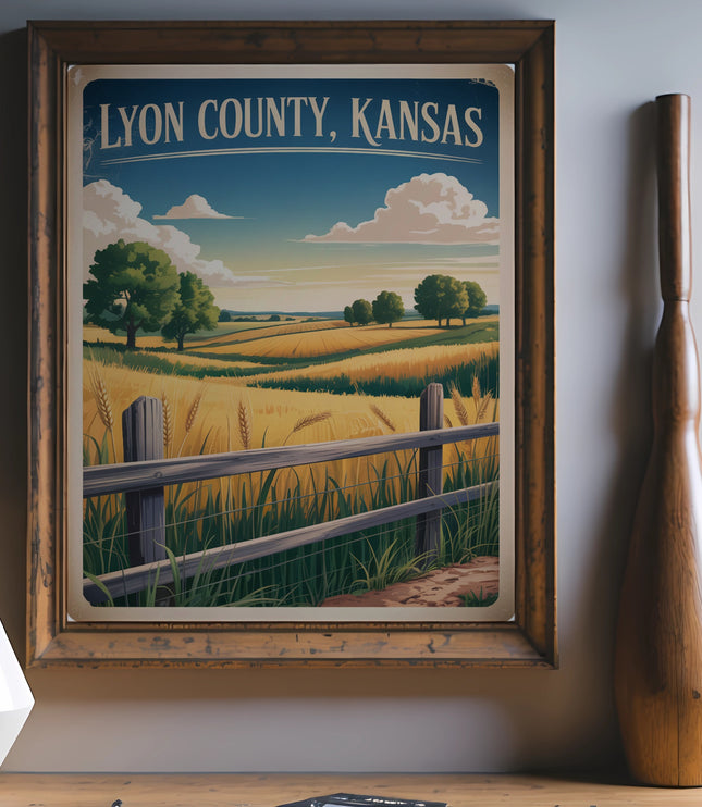 Vintage travel poster for Lyon County, Kansas, featuring a rural landscape.
