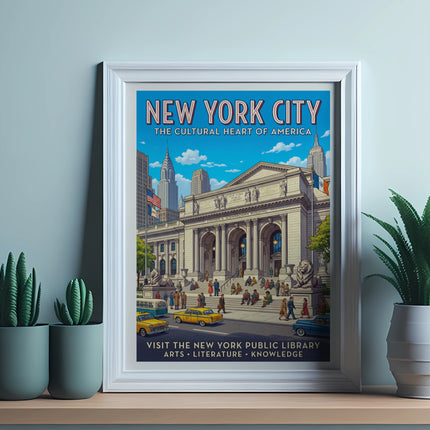 New York City poster featuring the public library, yellow taxi, and cityscape.