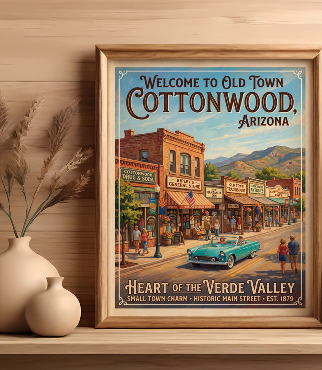 Vintage art print of Cottonwood, Arizona main street with a turquoise convertible.
