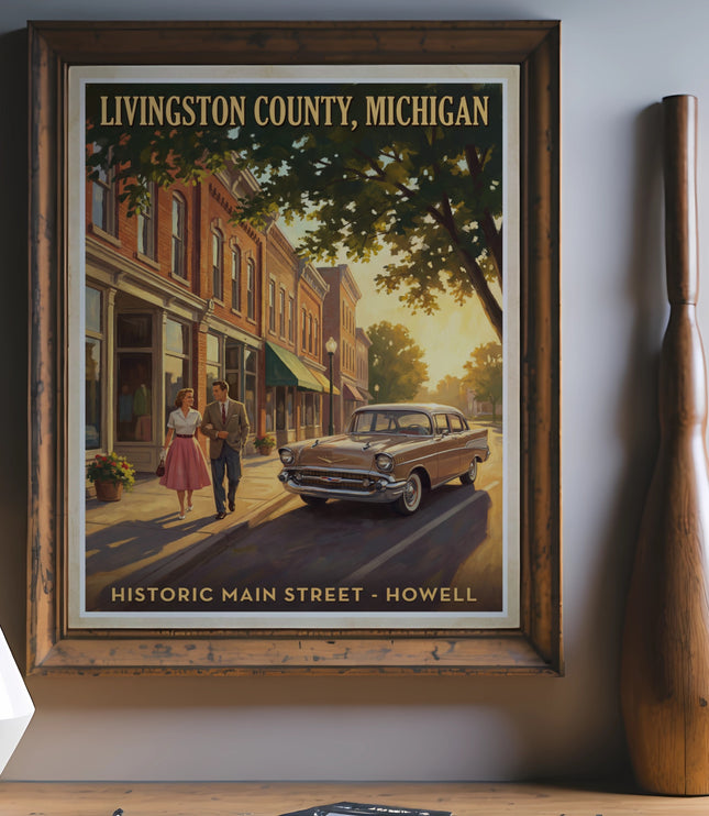 Vintage poster of Livingston County, Michigan, historic Main Street Howell.