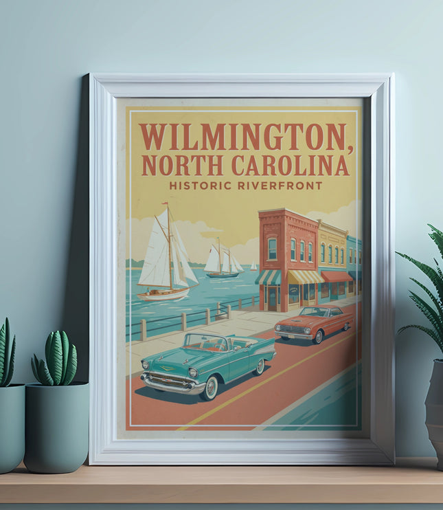 Vintage poster of Wilmington, North Carolina riverfront with sailboats and classic cars.