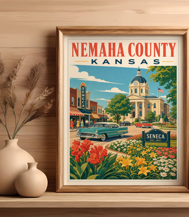 Nemaha County Kansas travel poster with courthouse, flowers, and vintage car.