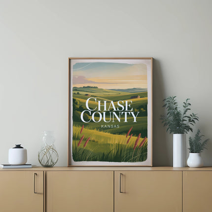 Artwork depicting rolling hills and grasslands with "CHASE COUNTY KANSAS" text.