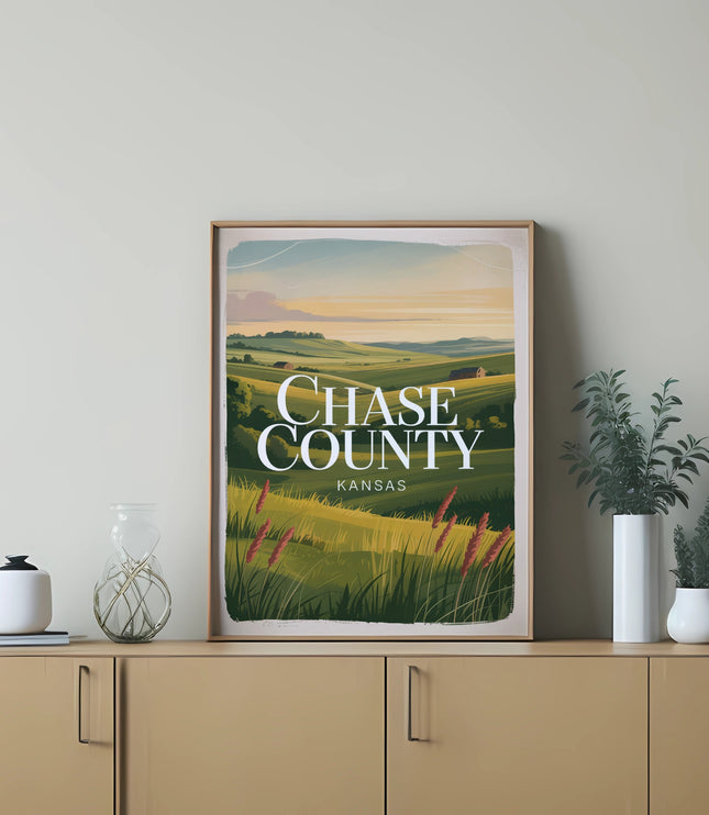 Artwork depicting rolling hills and grasslands with "CHASE COUNTY KANSAS" text.