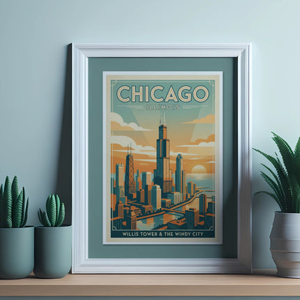 Framed print of Chicago skyline with text "Chicago Illinois Willis Tower & The Windy City".