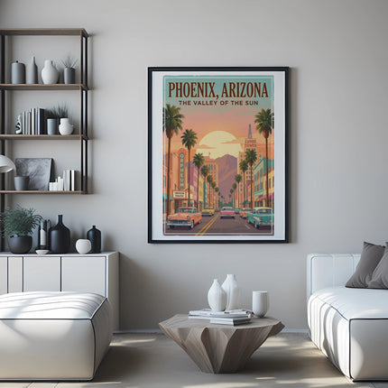 Framed print of Phoenix, Arizona with palm trees and vintage cars at sunset.