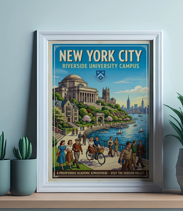 "New York City Riverside University Campus" vintage poster with university buildings, people, and boats.