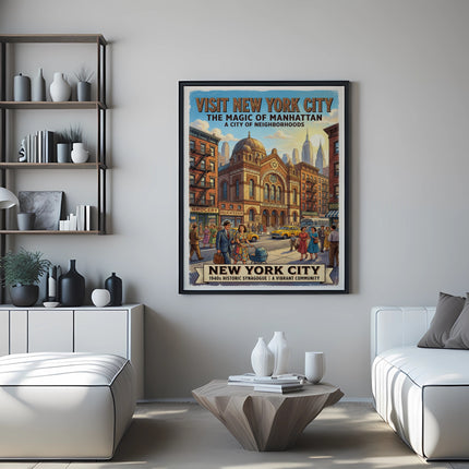 New York City travel poster featuring a historic synagogue and vibrant community.