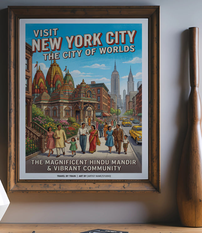 Vintage travel poster for New York City, featuring a Hindu mandir and city skyline.