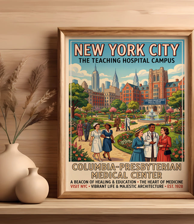 New York City Teaching Hospital Campus vintage poster with Columbia-Presbyterian Medical Center.