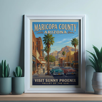 Maricopa County Arizona vintage travel poster with "Visit Sunny Phoenix Valley of the Sun".