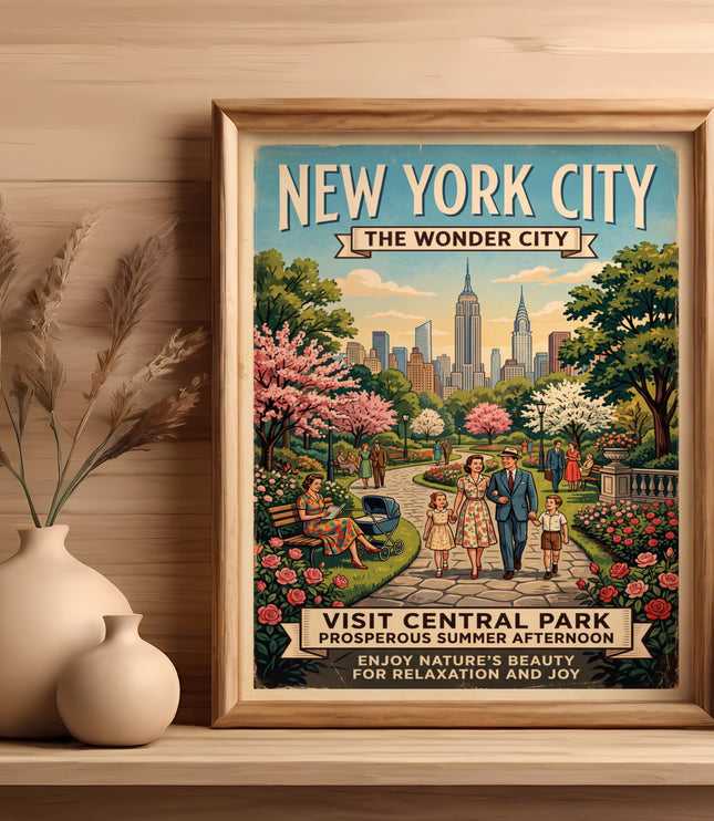 New York City poster depicts Central Park with families and skyscrapers.