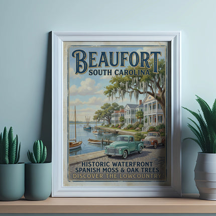 Beaufort South Carolina vintage travel poster featuring waterfront, oak trees, and trucks.