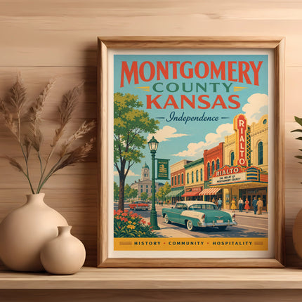 Vintage poster for Montgomery County, Kansas, featuring the Rialto Theatre.