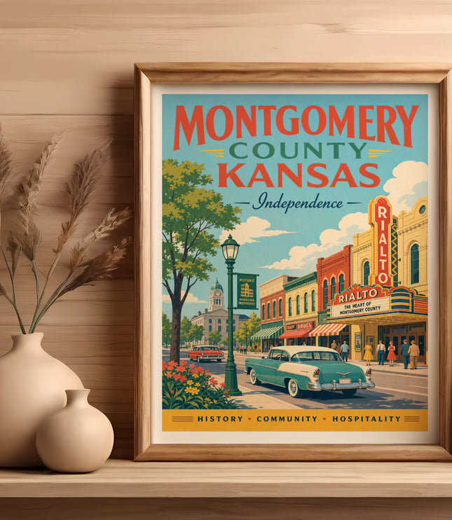 Vintage poster for Montgomery County, Kansas, featuring the Rialto Theatre.