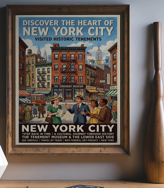 New York City tenement museum vintage travel poster with historic street scene.