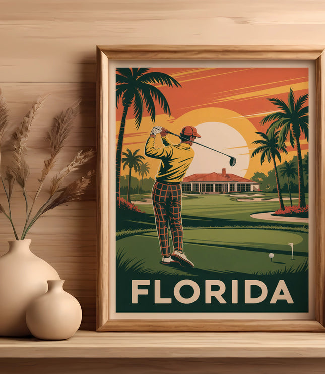 Framed artwork with golfer swinging, palm trees, and the word "FLORIDA".