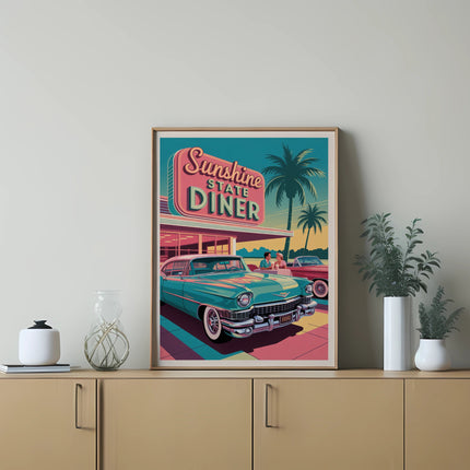 Retro teal car parked in front of a "Sunshine State Diner" sign.
