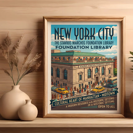 New York City Stavros Niarchos Foundation Library poster with text.