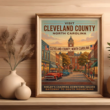 Vintage poster of Cleveland County, North Carolina featuring a town square and classic trucks.