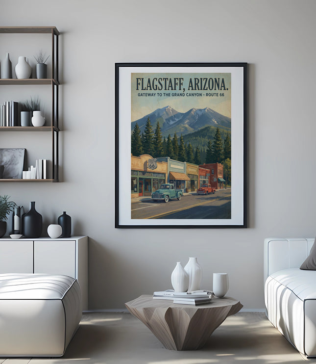 Vintage Flagstaff Arizona Route 66 poster with mountains and classic cars.
