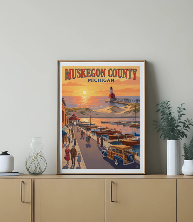 Muskegon County Michigan poster with sunset, lighthouse, pier, boats, and people.