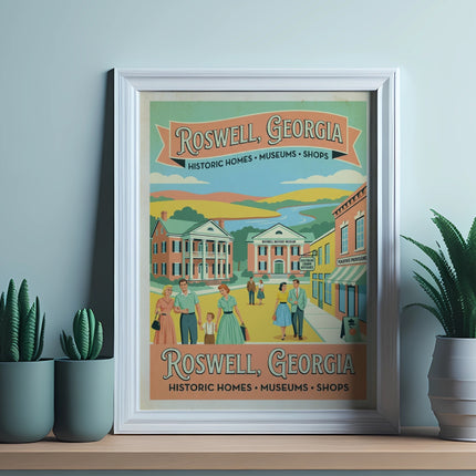 Roswell, Georgia travel poster with historic buildings, shops, and couples.