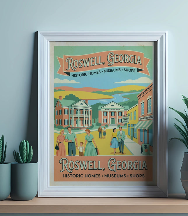 Roswell, Georgia travel poster with historic buildings, shops, and couples.
