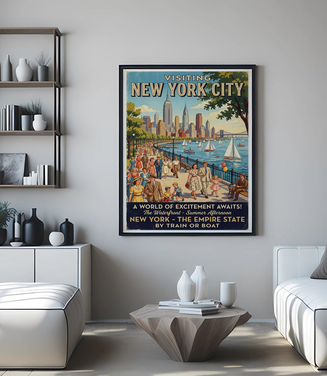 Vintage poster featuring New York City skyline and text "Visiting New York City".