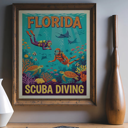 Florida scuba diving vintage travel poster with divers, sea turtles, fish, and stingrays.