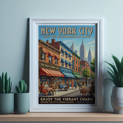 New York City neighborhood cafes vintage poster with cafes and text.