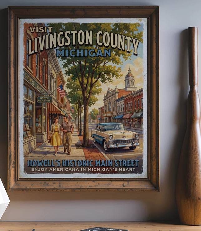 Vintage poster of Howell's Historic Main Street in Livingston County, Michigan.