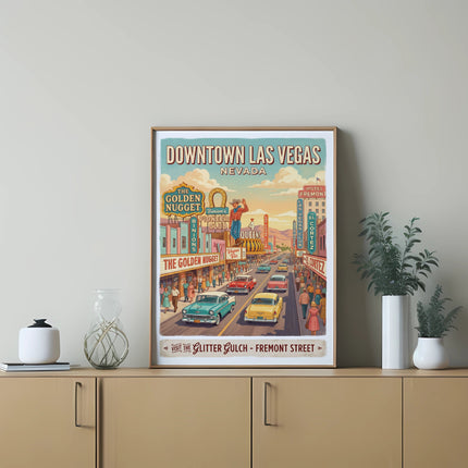 Vintage poster of Downtown Las Vegas, Nevada featuring Fremont Street and casinos.