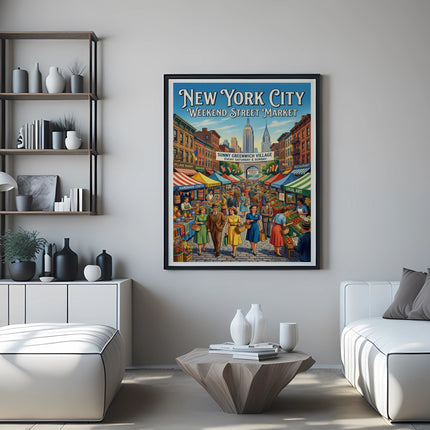 New York City Weekend Street Market poster with buildings and people.