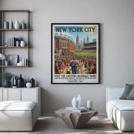 New York City baseball park poster with Yankees Stadium and crowd.