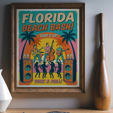 Retro Florida Beach Bash poster with silhouetted dancers and musicians.
