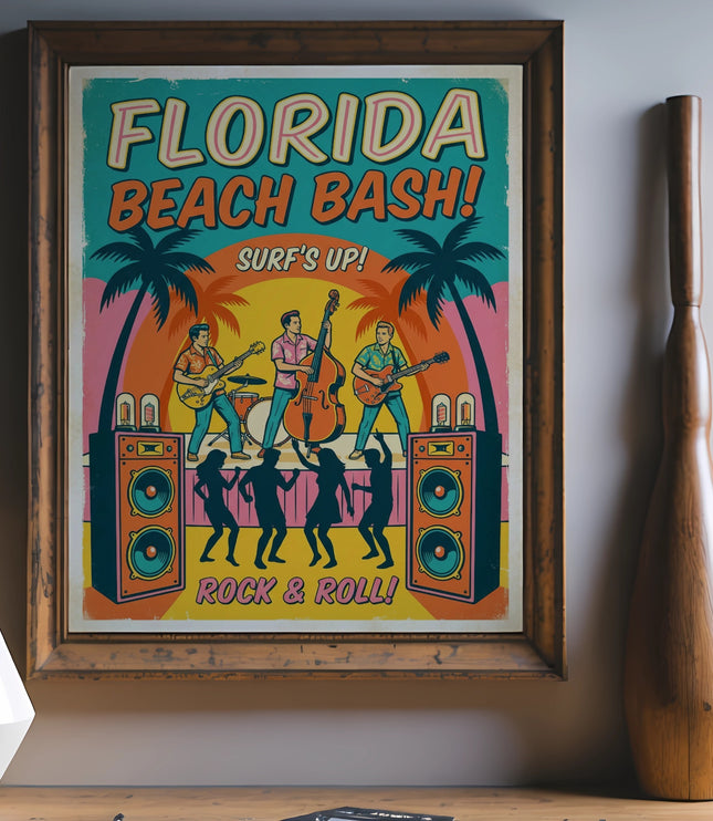 Retro Florida Beach Bash poster with silhouetted dancers and musicians.