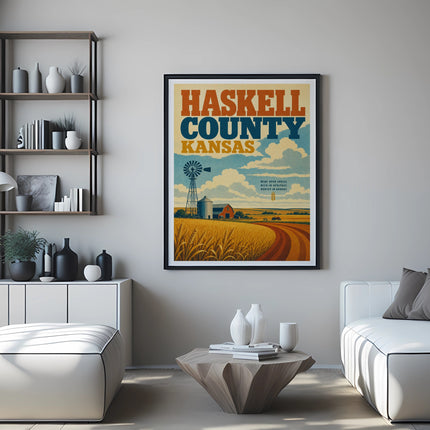 Haskell County, Kansas travel poster with windmill, cornfield, and open sky.