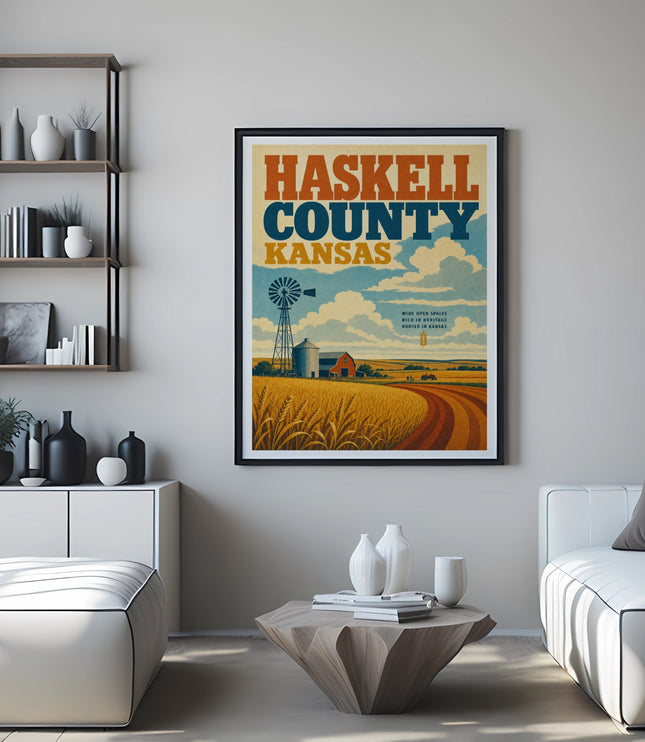 Haskell County, Kansas travel poster with windmill, cornfield, and open sky.