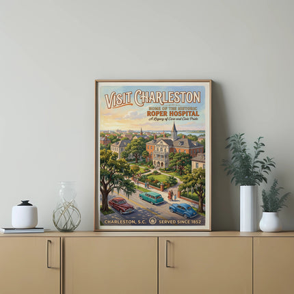 Advertisement for Charleston featuring Roper Hospital, historic buildings, and cars.