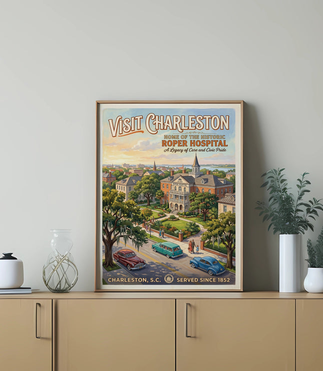 Advertisement for Charleston featuring Roper Hospital, historic buildings, and cars.
