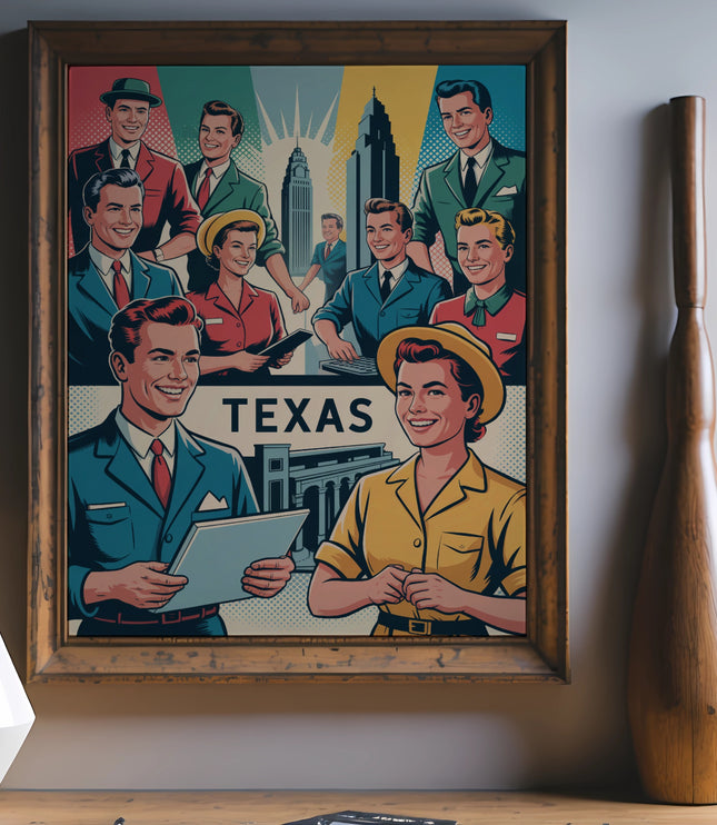 Vintage poster featuring T-shirt with men and women in retro attire and "TEXAS" text.