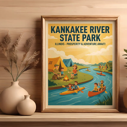 Framed poster of Kankakee River State Park with camping and kayaking scene.