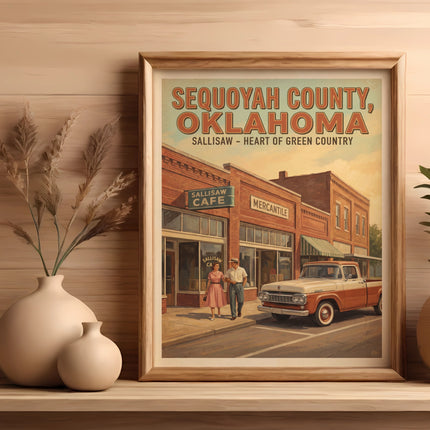 Sequoyah County, Oklahoma poster with Sallisaw Cafe, Mercantile, and a vintage truck.
