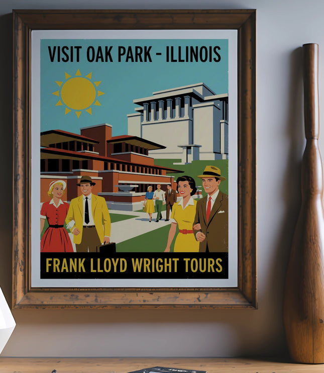 Vintage travel poster for Frank Lloyd Wright Tours in Oak Park, Illinois.