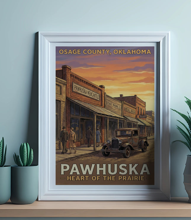 Osage County, Oklahoma illustration with Pawhuska Mercantile and vintage truck.