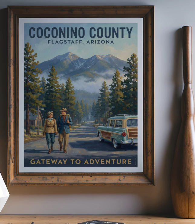 Coconino County, Flagstaff, Arizona vintage travel poster with a couple walking by a vintage station wagon.