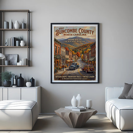Vintage poster of Asheville, North Carolina, featuring a street scene and mountains.