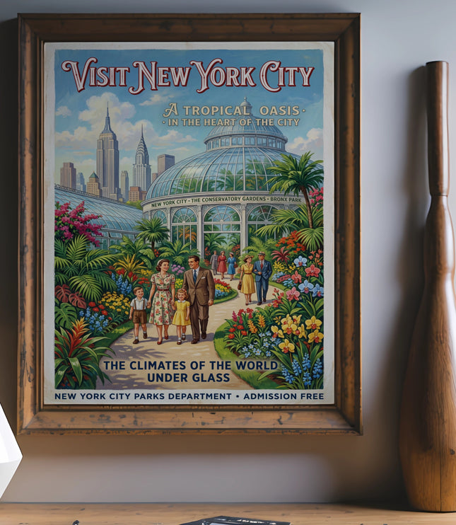 Visit New York City poster featuring a family at the Conservatory Gardens.